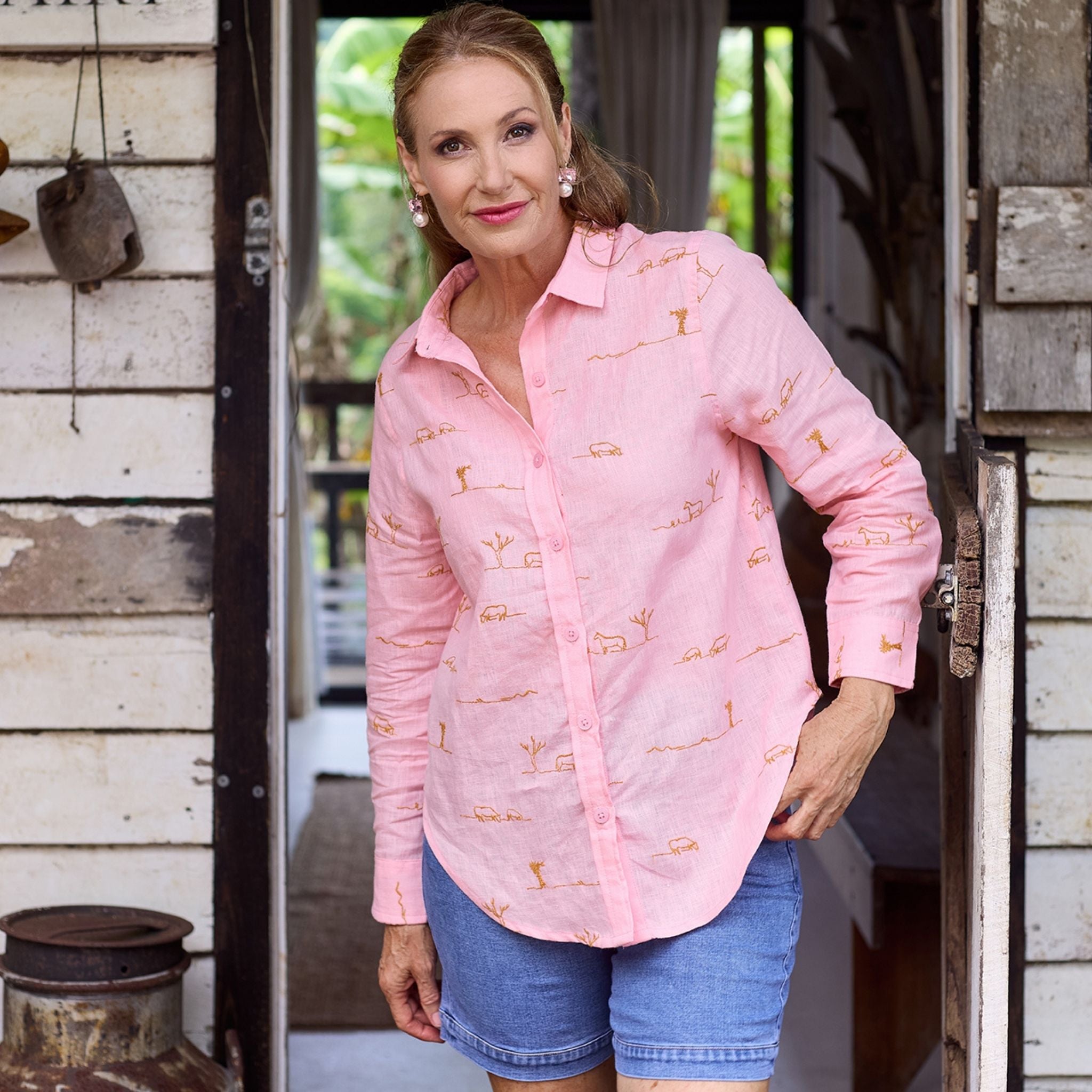 Pink Rural Outback Long Sleeve Organic Linen Shirt