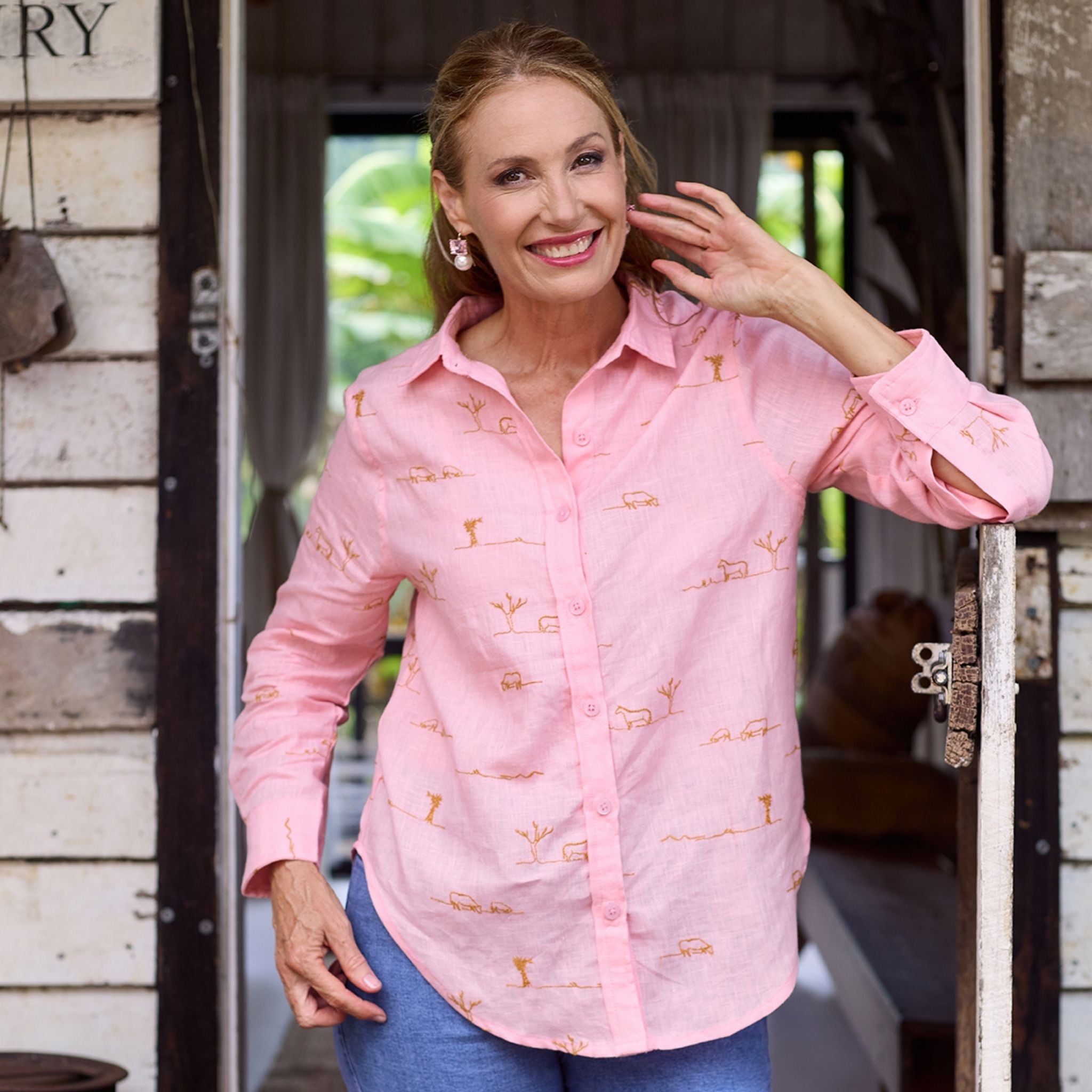 Pink Rural Outback Long Sleeve Organic Linen Shirt