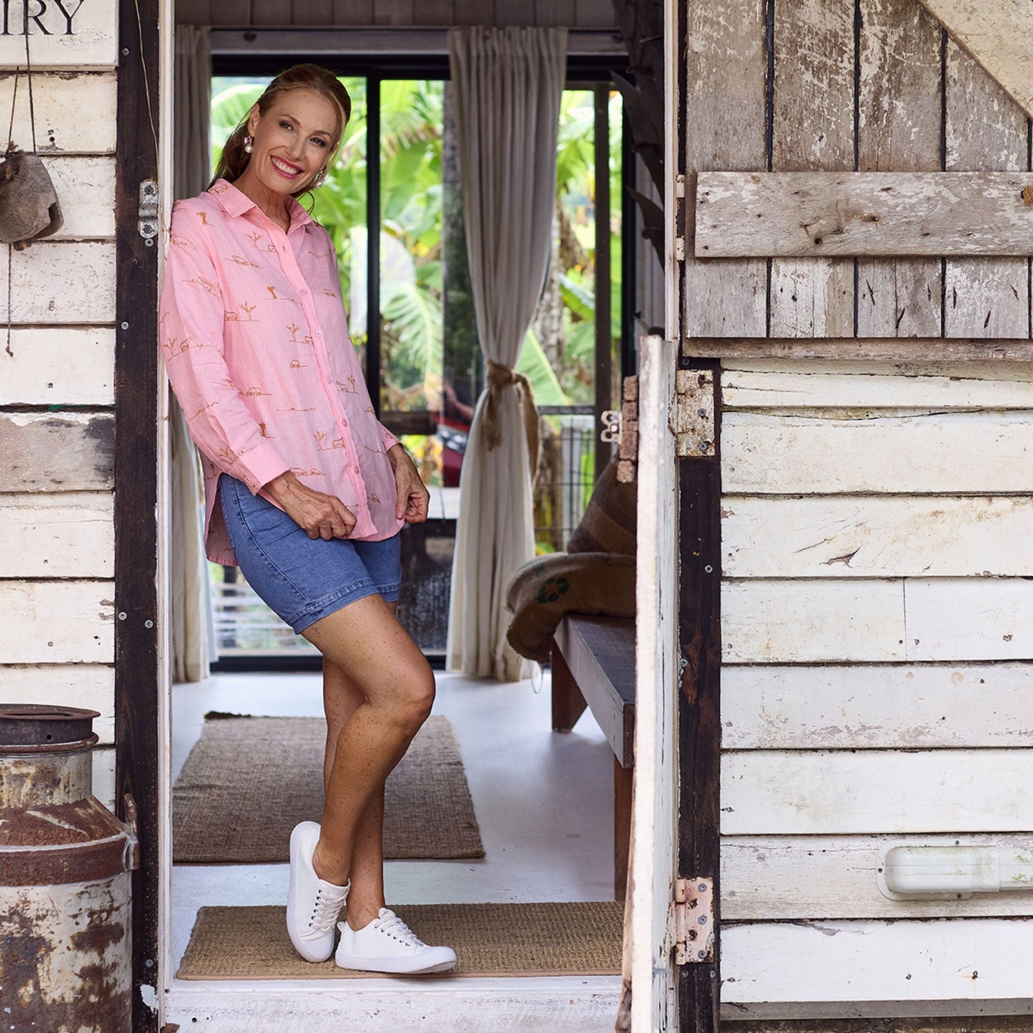 Pink Rural Outback Long Sleeve Organic Linen Shirt