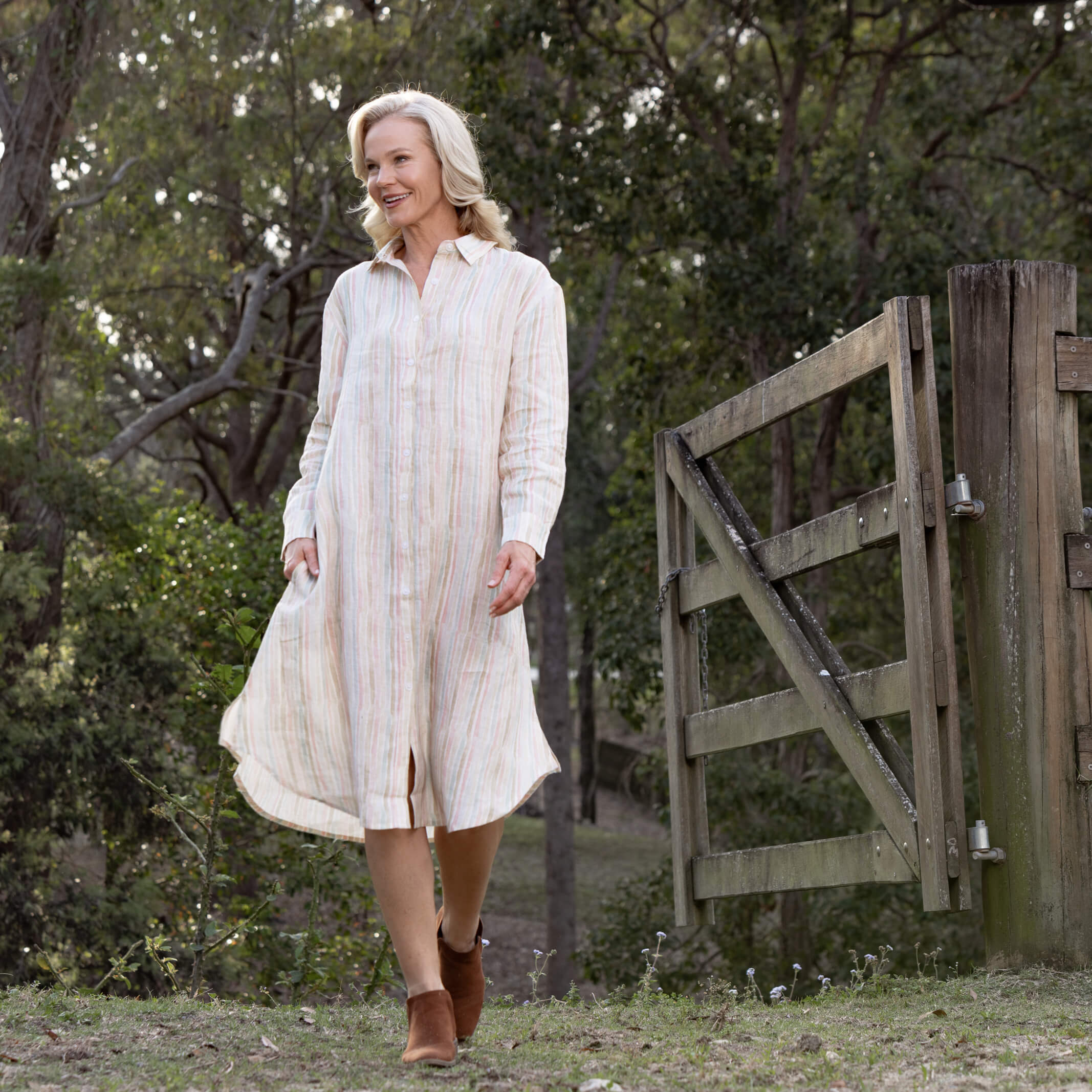 Pastel Striped Organic Linen Dress - Outback Linen Co