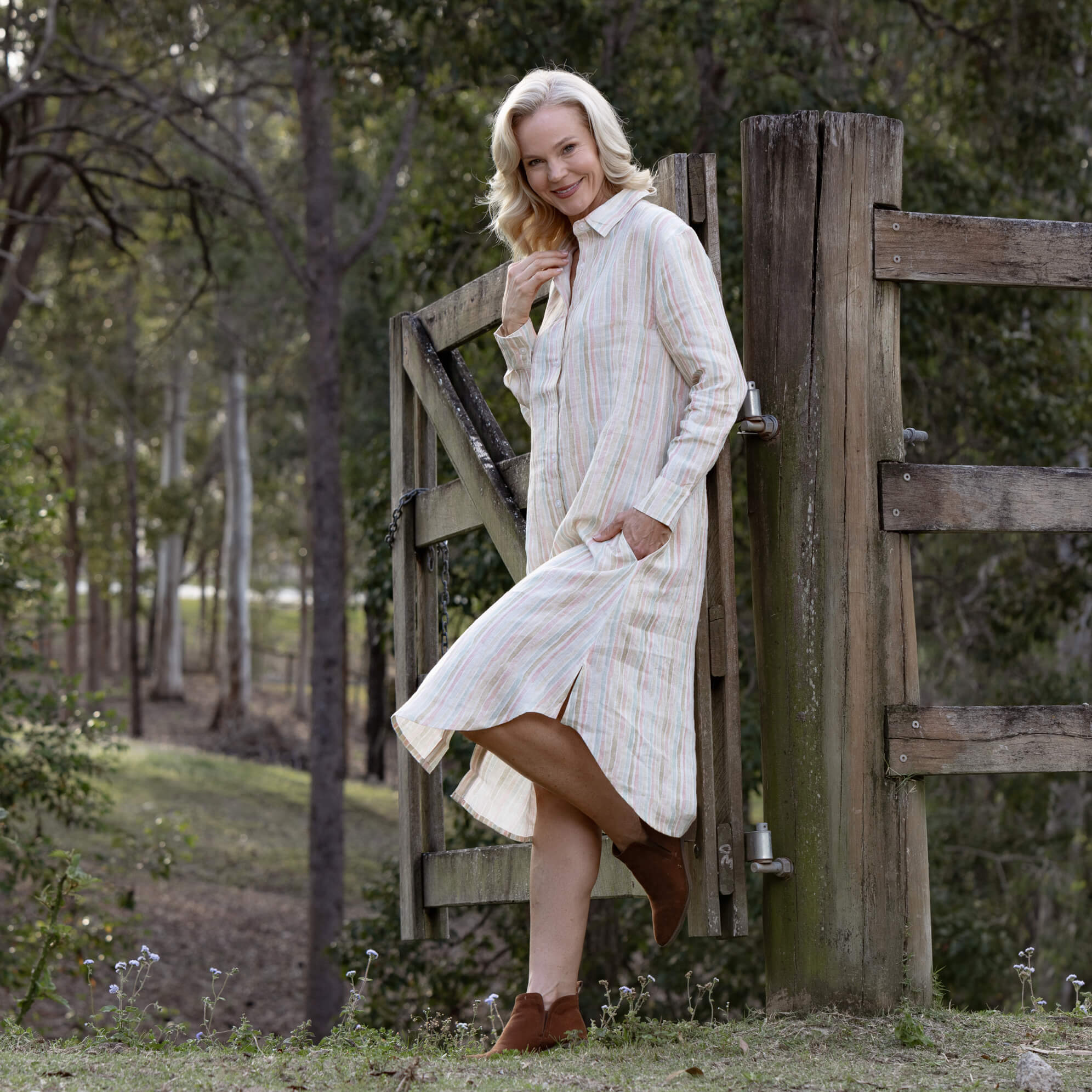 Pastel Striped Organic Linen Dress - Outback Linen Co