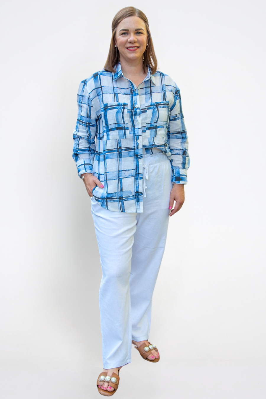 Blue Gingham Long Sleeve Linen Shirt - Outback Linen Co