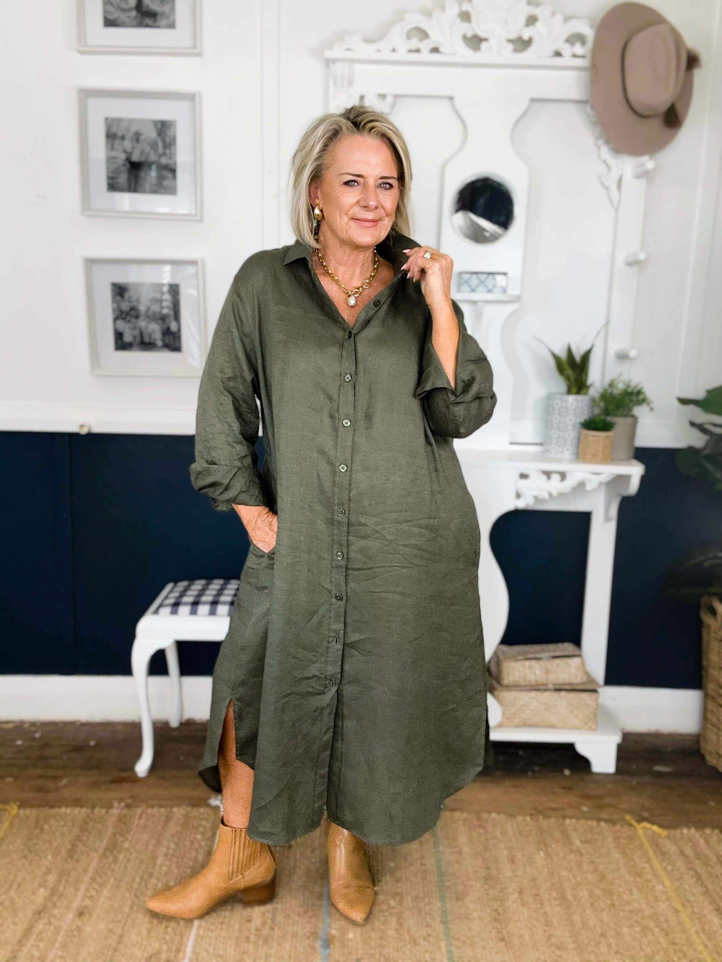 casual dark green buttom down organic linen dress