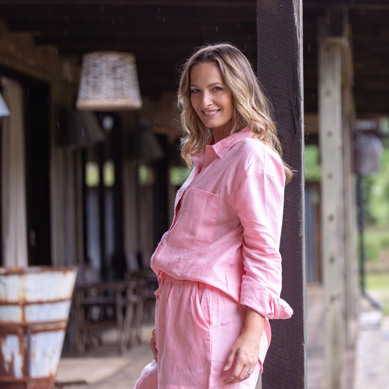 Playful Pink Organic Linen Shirt With Printed Cuffs - Outback Linen Co