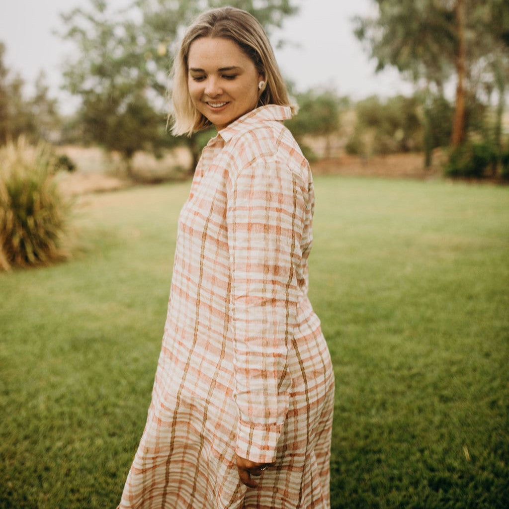 Sandy Pink Gingham Organic Linen Dress - Outback Linen Co