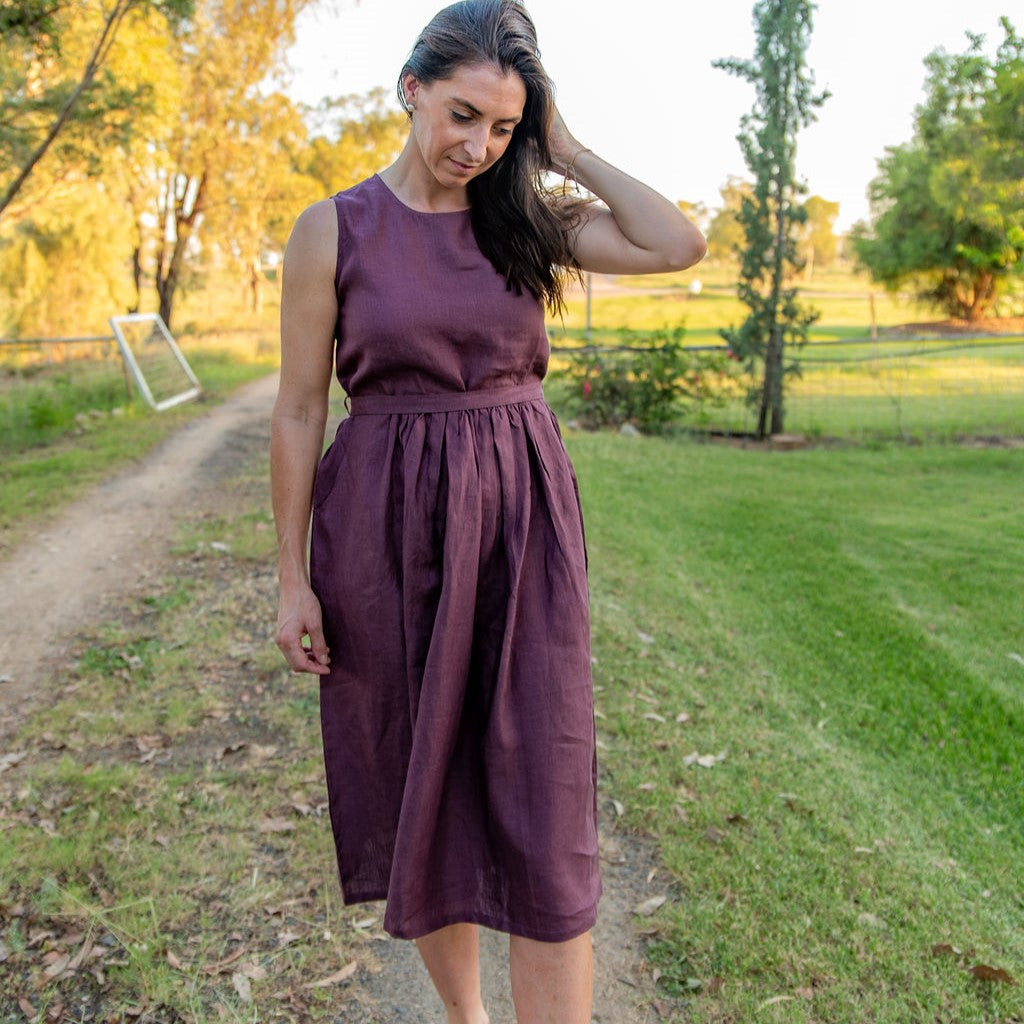 Mystic Plum Sleeveless Organic Linen Dress - Outback Linen Co