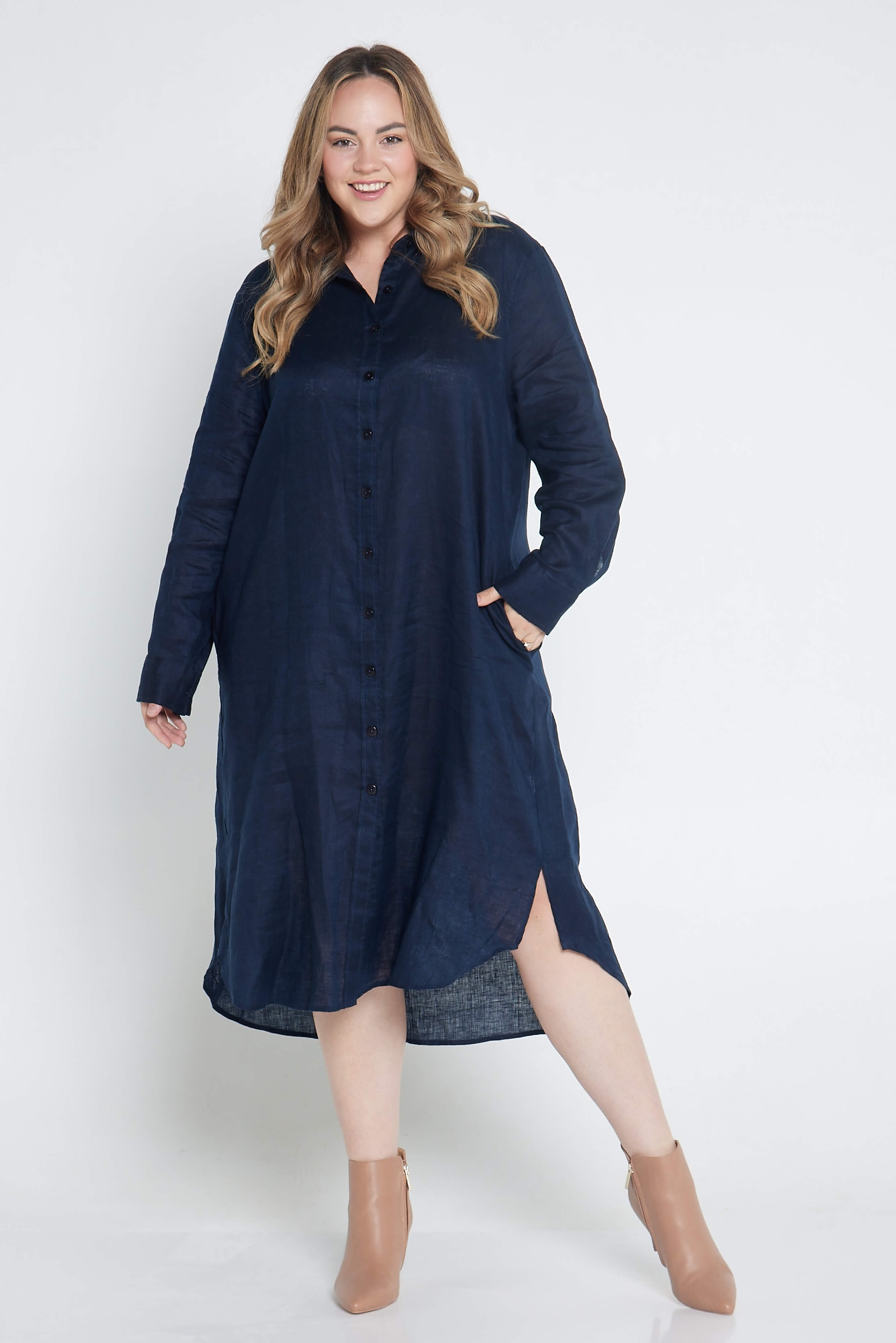 Navy Everyday Organic Linen Dress - Outback Linen Co