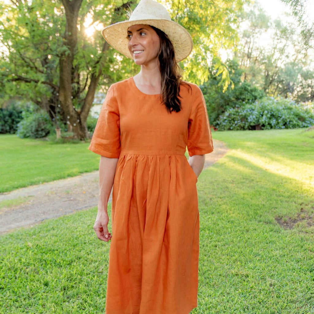 Orange Rust Short Sleeve Organic Linen Dress Outback Linen Co