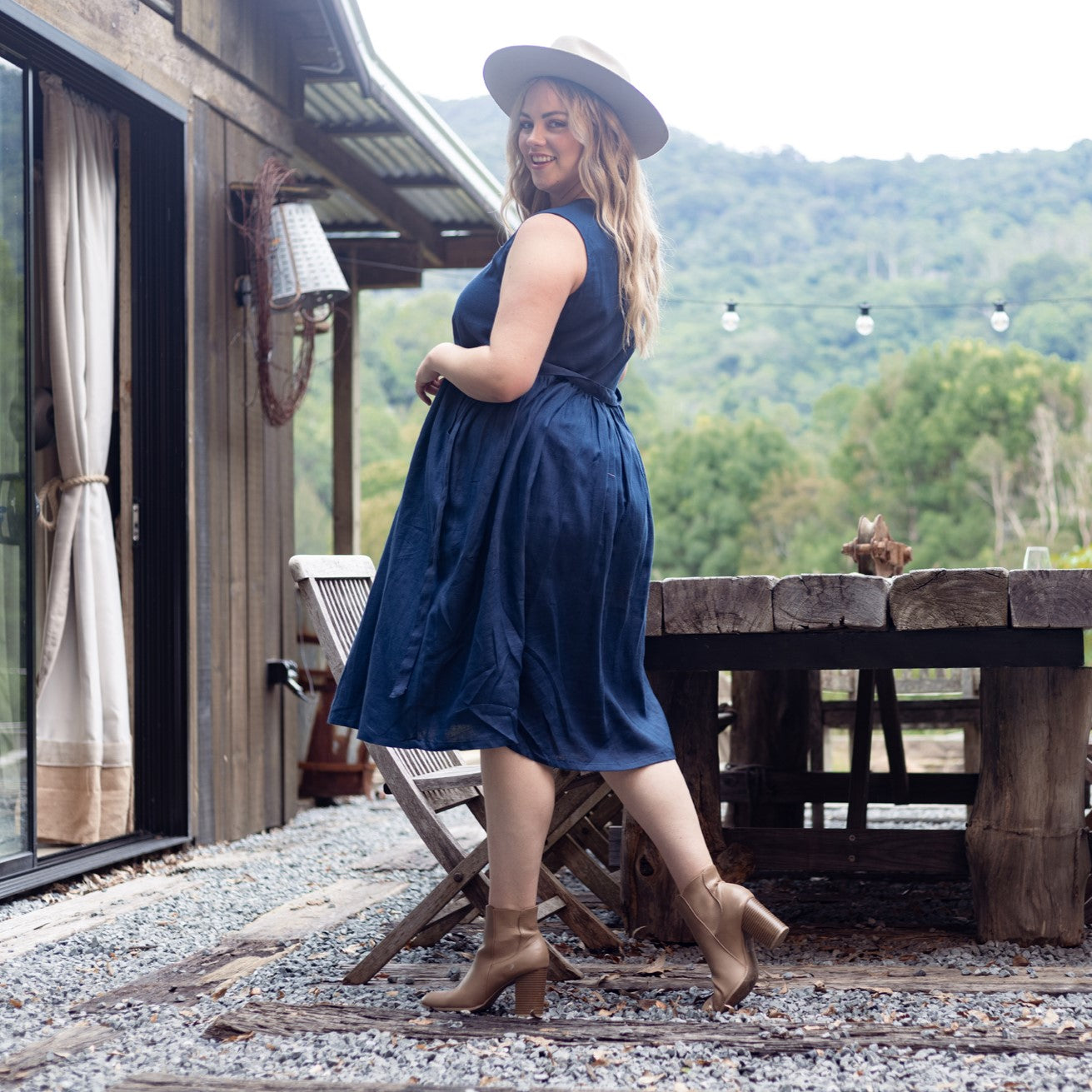 Indigo Blue Sleeveless Organic Linen Dress - Outback Linen Co