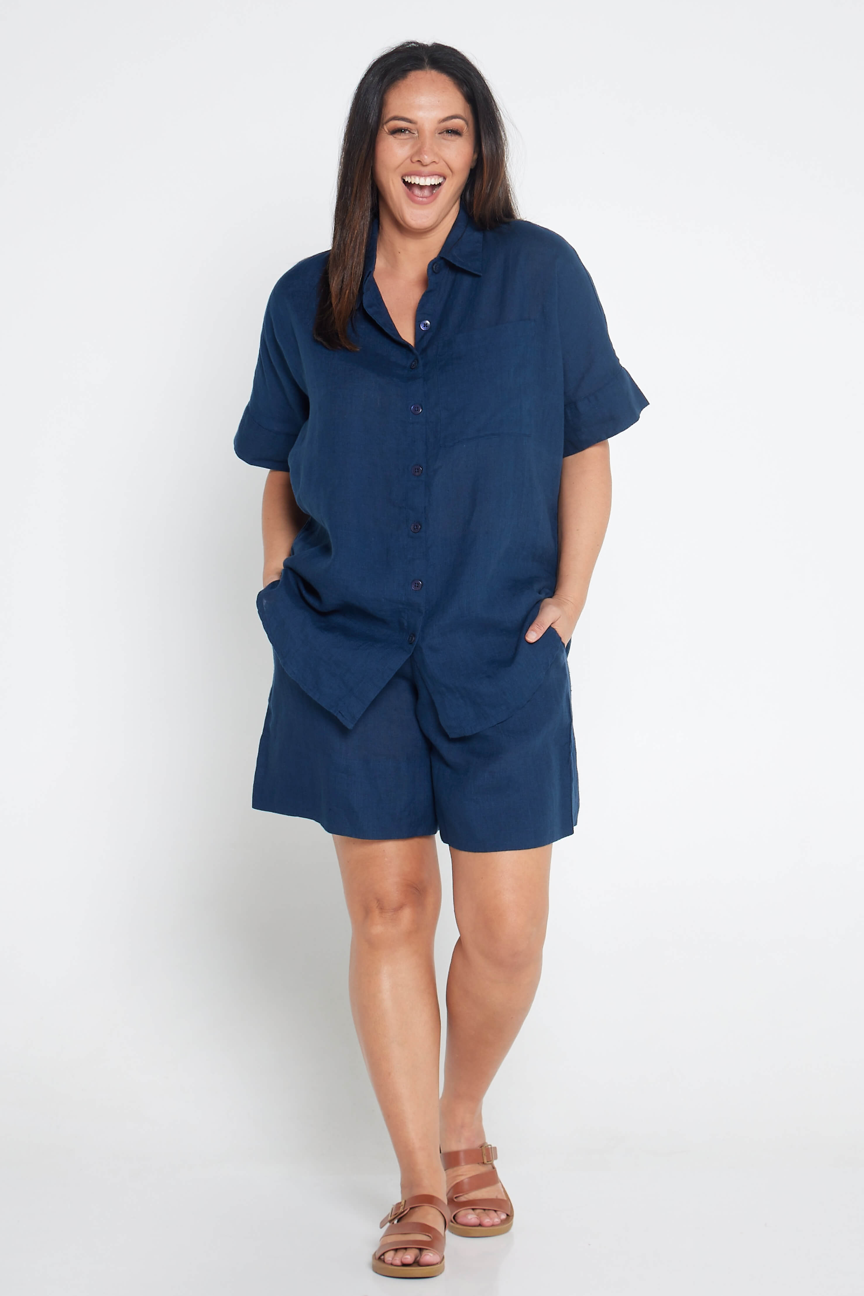 Indigo Blue Organic Linen Short Sleeve Shirt - Outback Linen Co