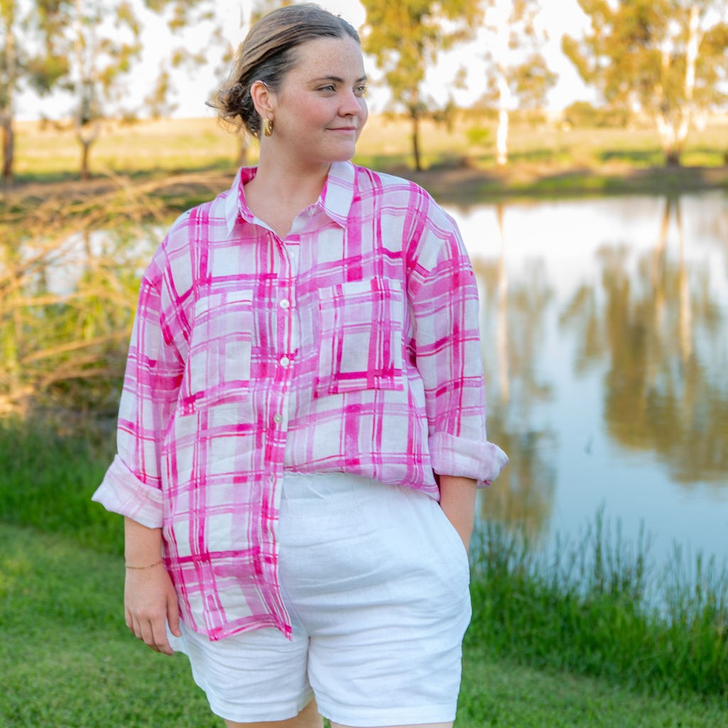 Pink Gingham Long Sleeve Linen Shirt - Outback Linen Co