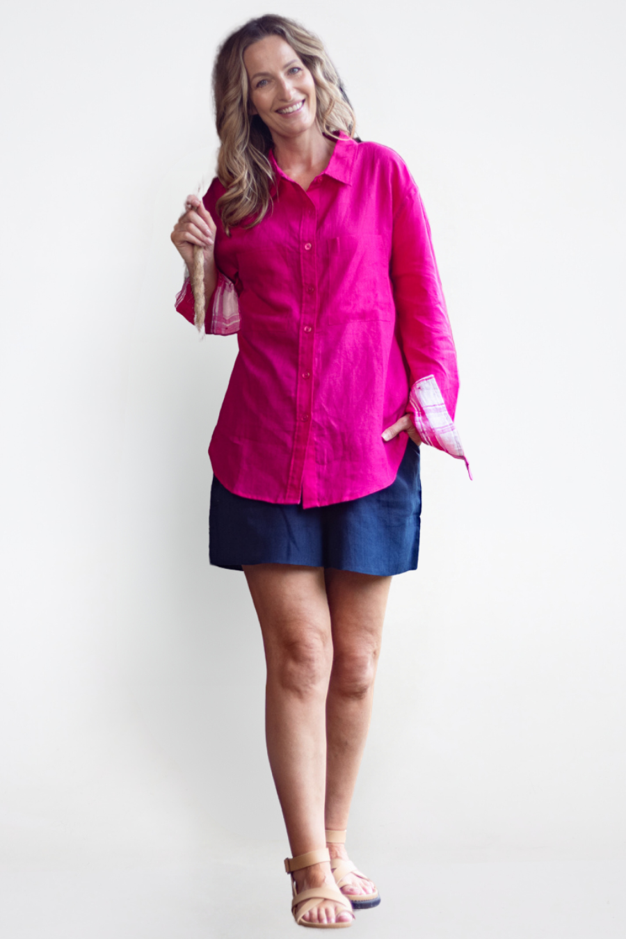 Hot Pink Organic Linen Shirt With Printed Gingham Cuffs - Outback Linen Co