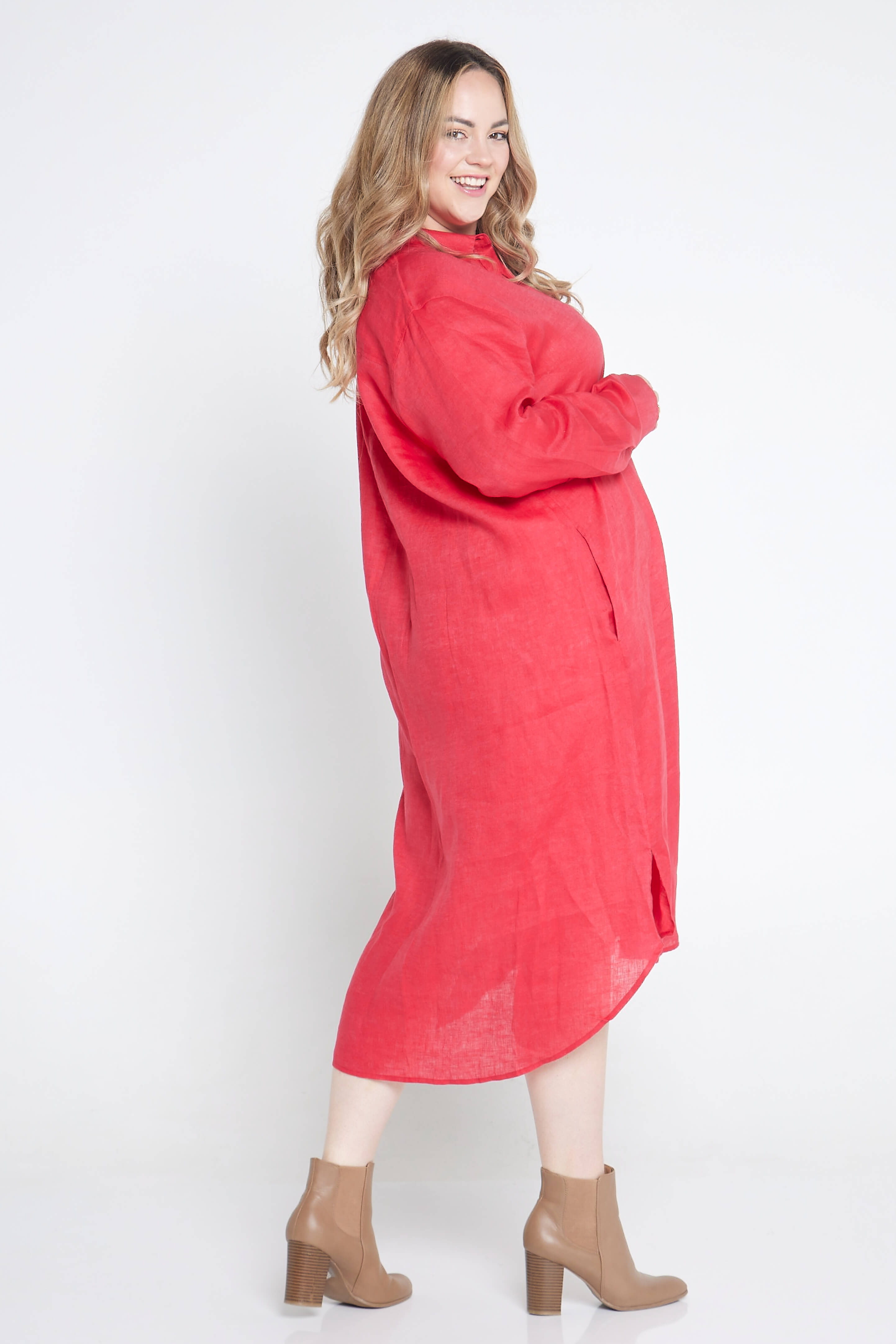 pink long sleeve organic linen dress