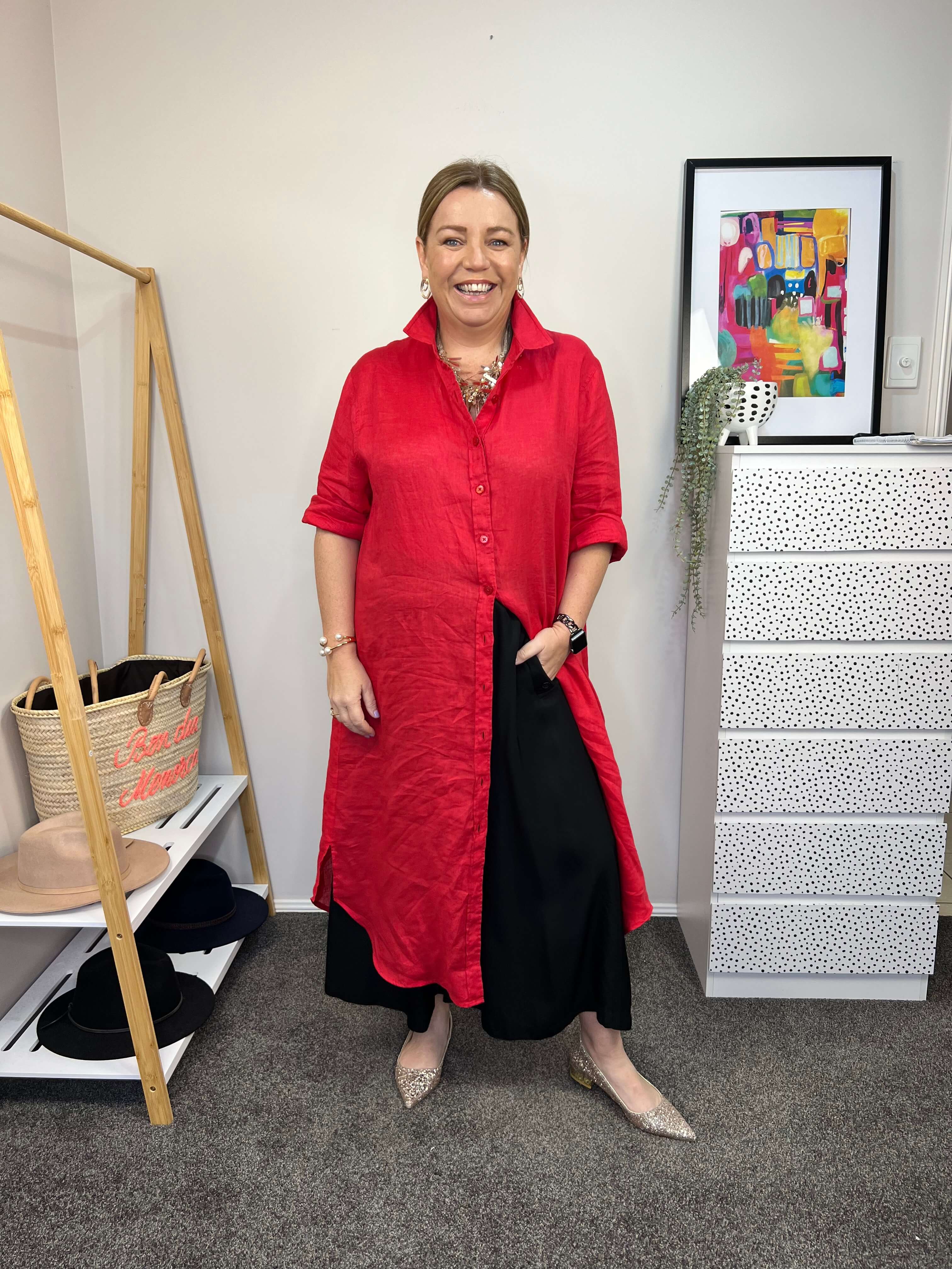 pink red button down linen dress with black skirt