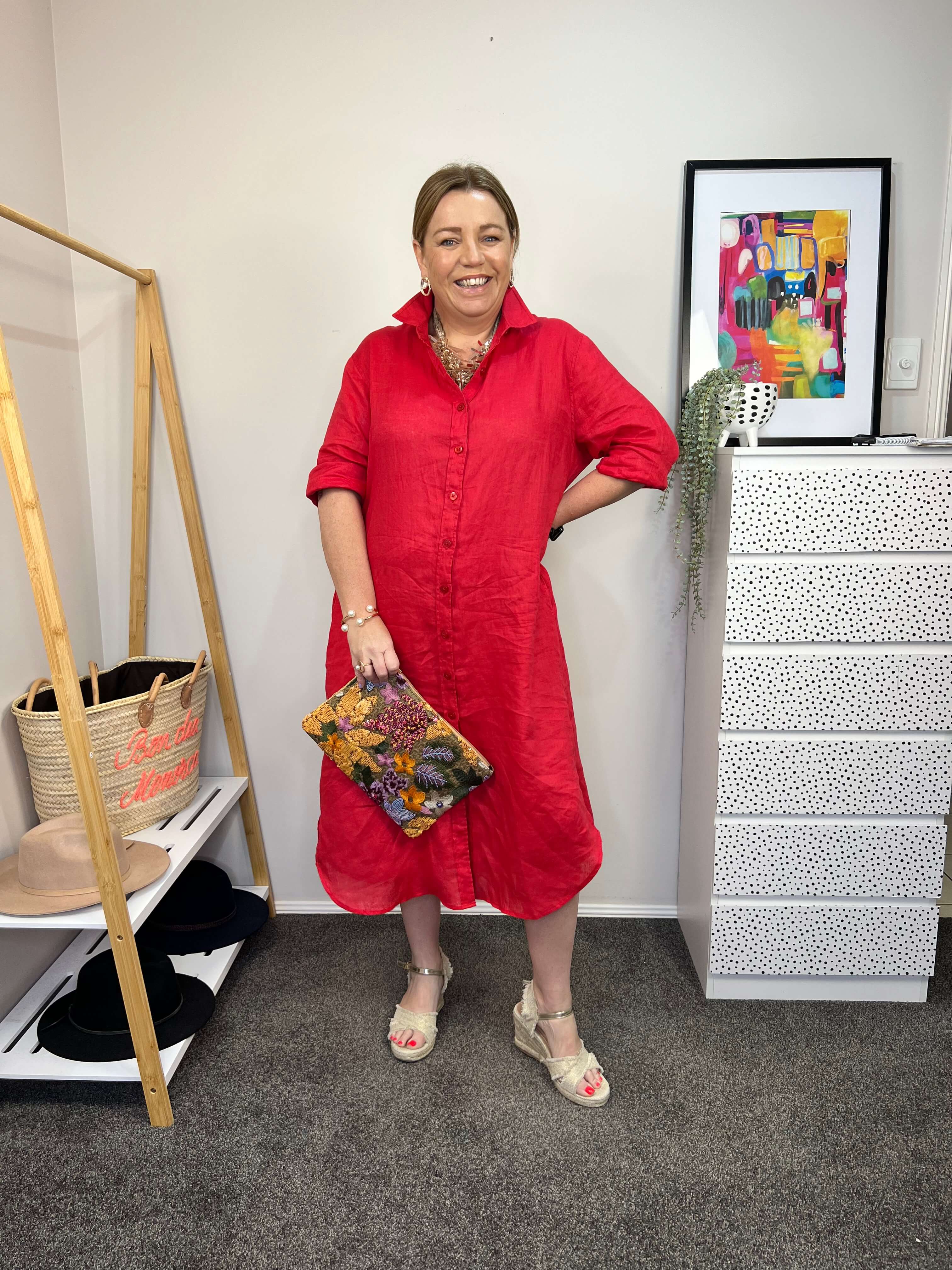 pink red button down linen dress