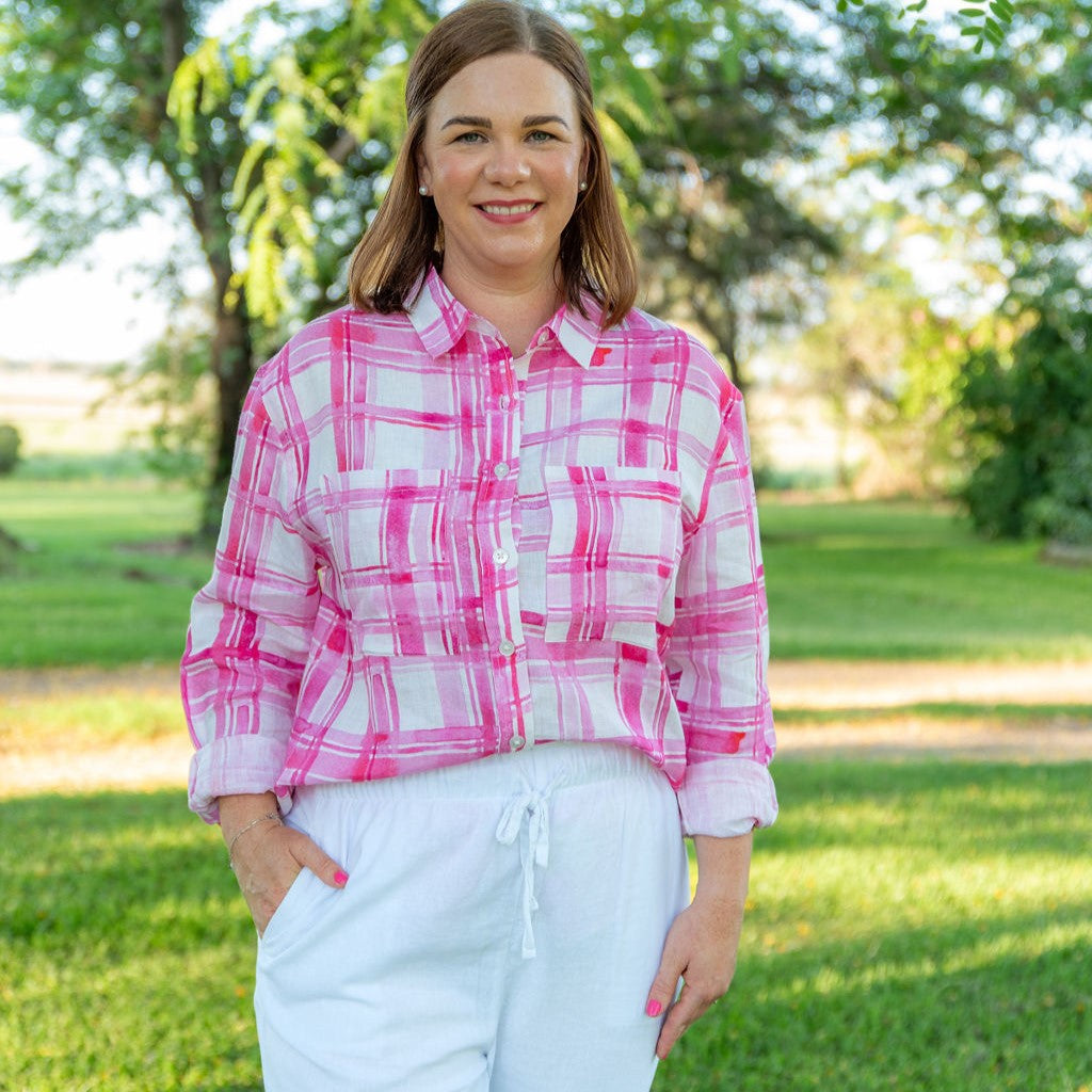 Pink Gingham Long Sleeve Linen Shirt - Outback Linen Co