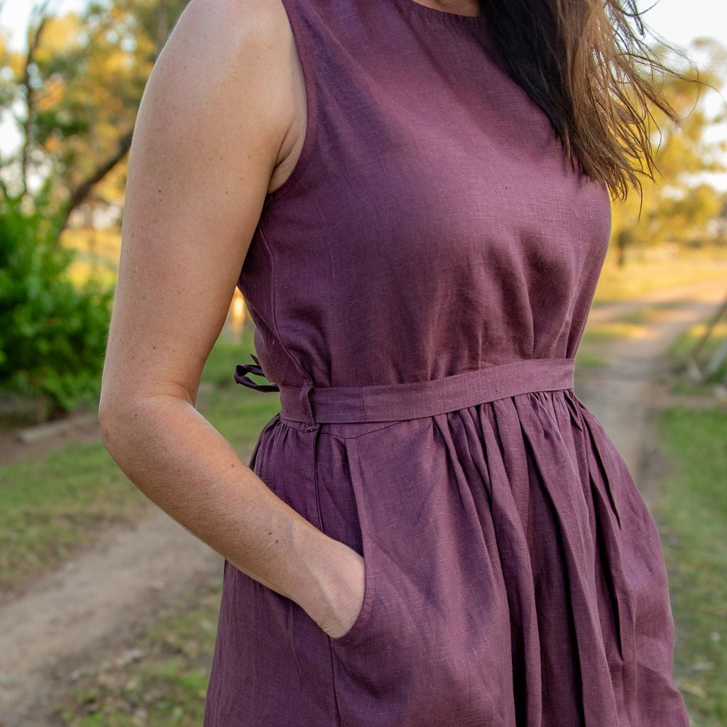 Mystic Plum Sleeveless Organic Linen Dress - Outback Linen Co