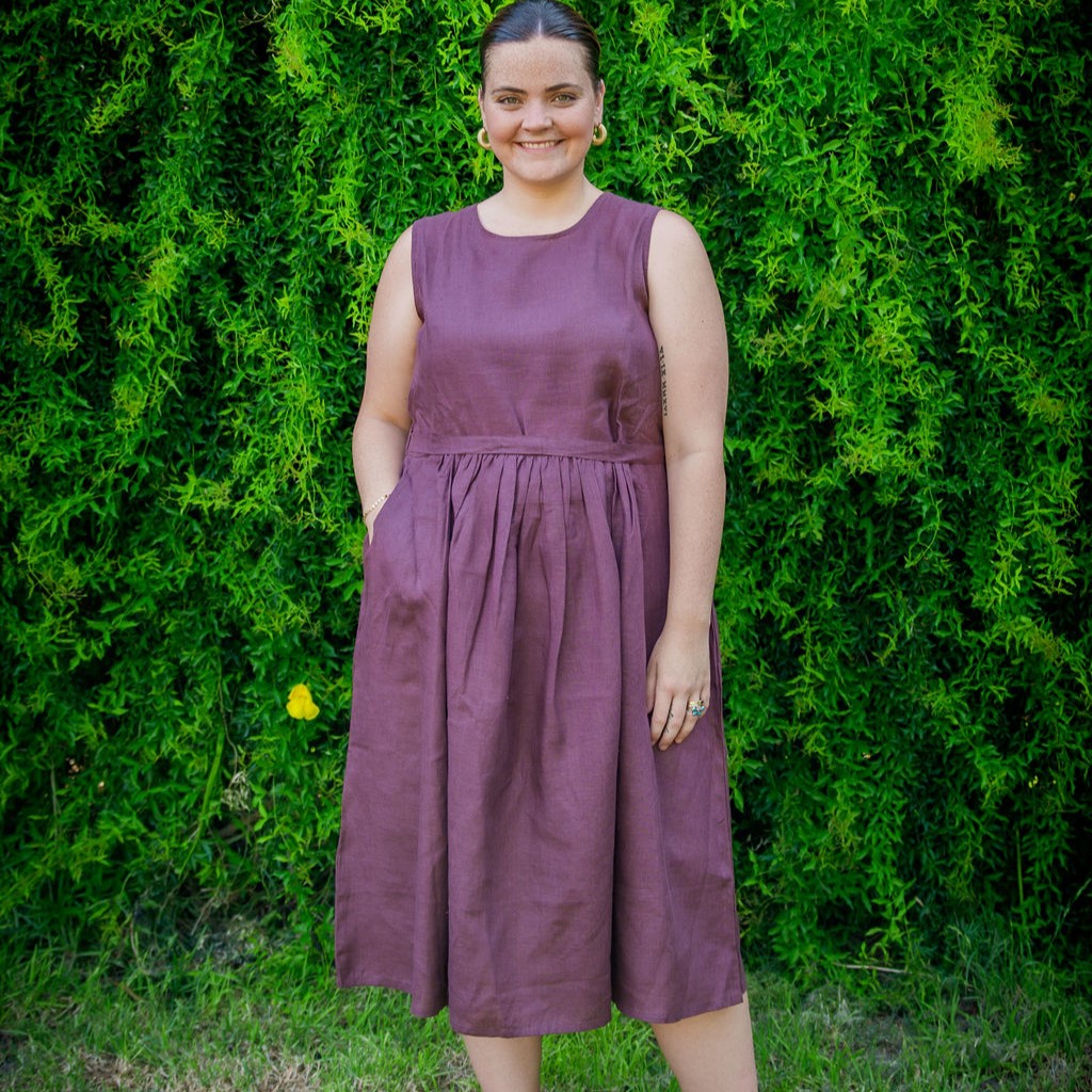 Mystic Plum Sleeveless Organic Linen Dress - Outback Linen Co