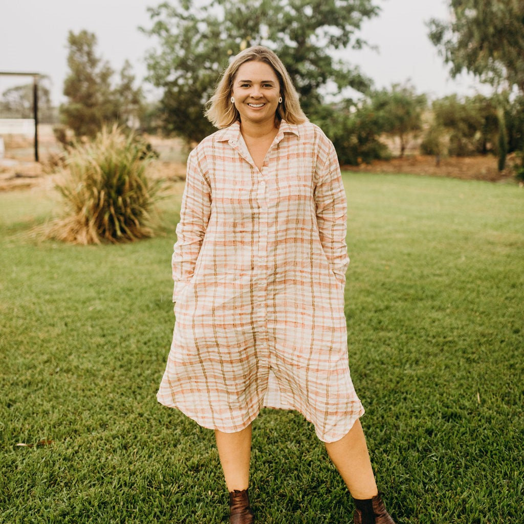 Sandy Pink Gingham Organic Linen Dress - Outback Linen Co