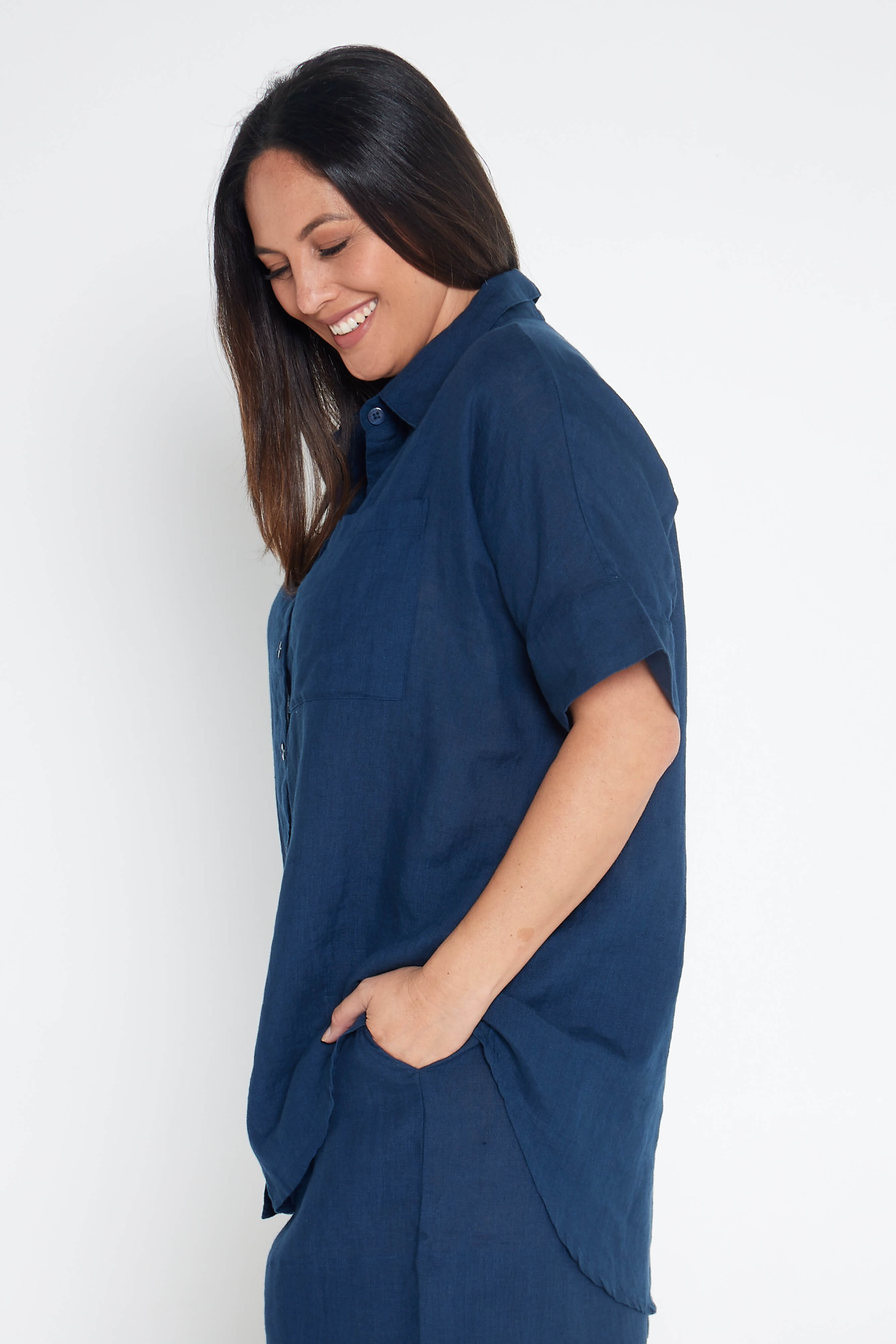 Indigo Blue Organic Linen Short Sleeve Shirt - Outback Linen Co