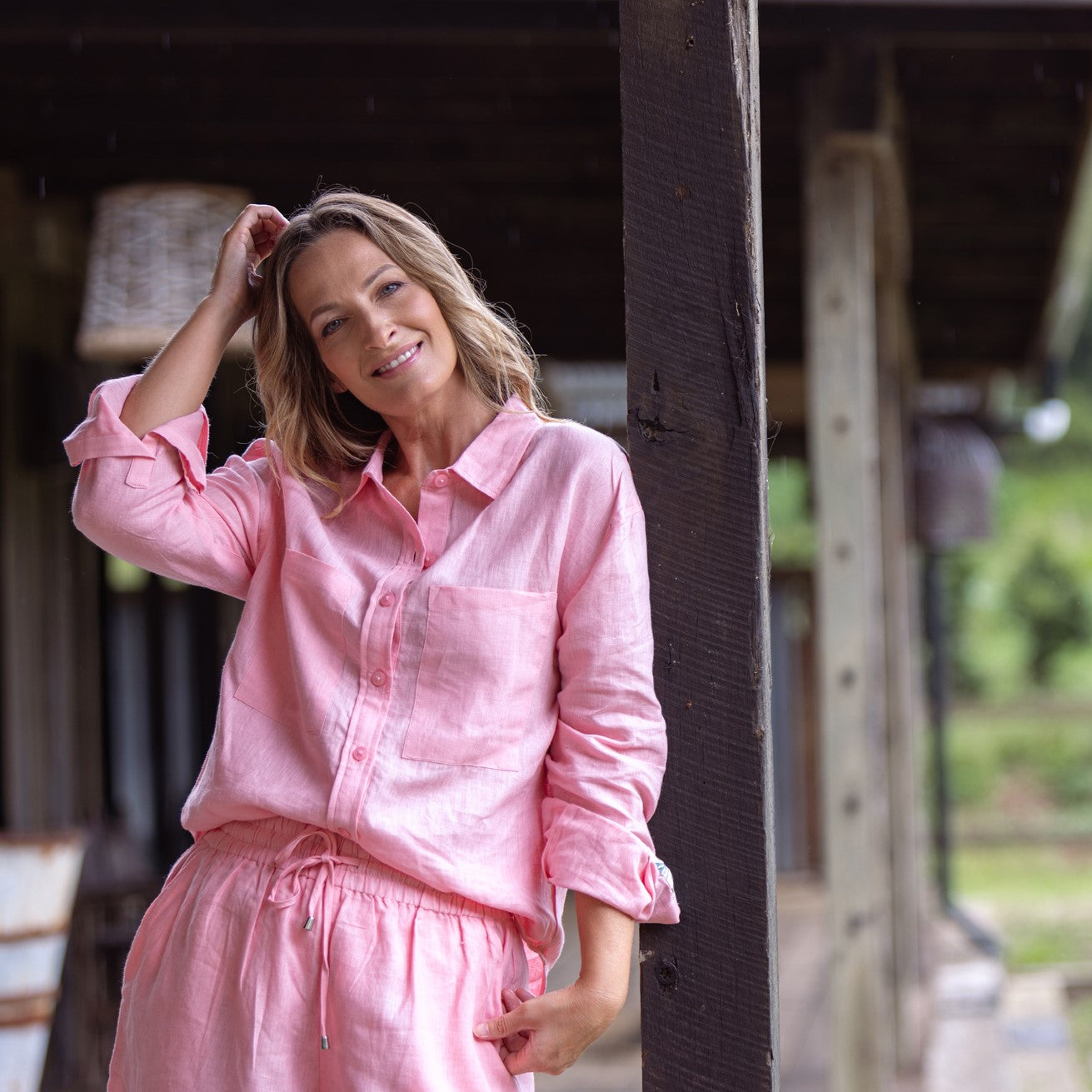 Playful Pink Organic Linen Shirt With Printed Cuffs - Outback Linen Co