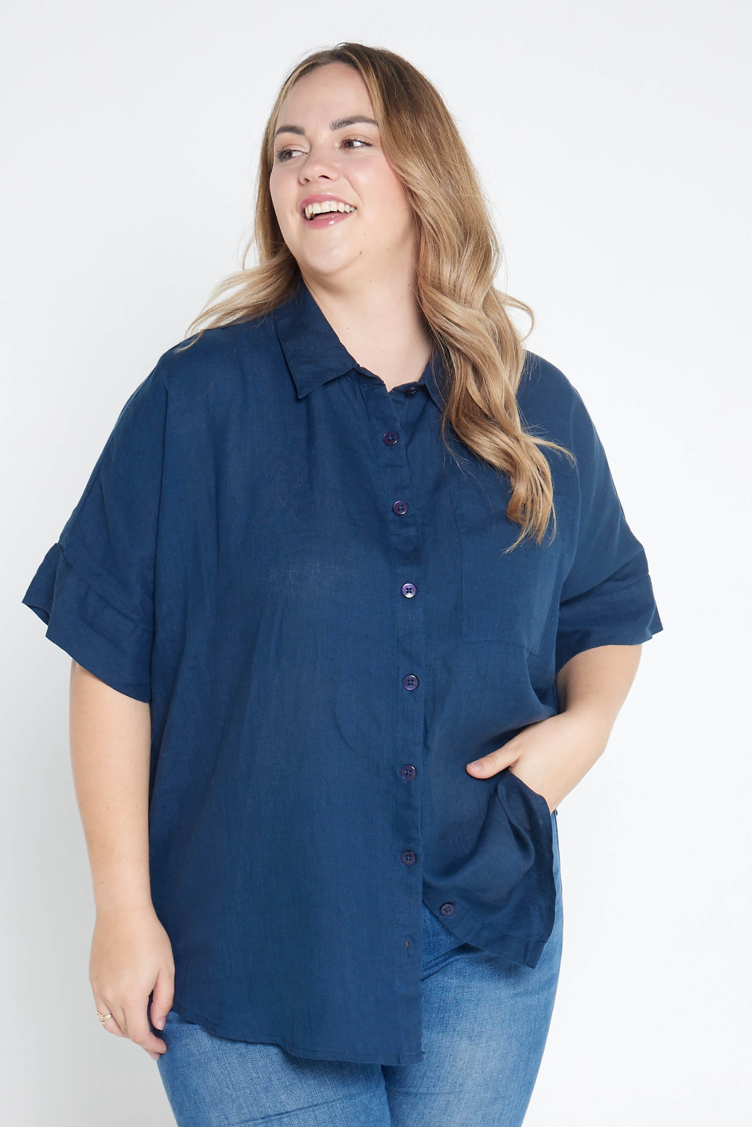 Indigo Blue Organic Linen Short Sleeve Shirt - Outback Linen Co