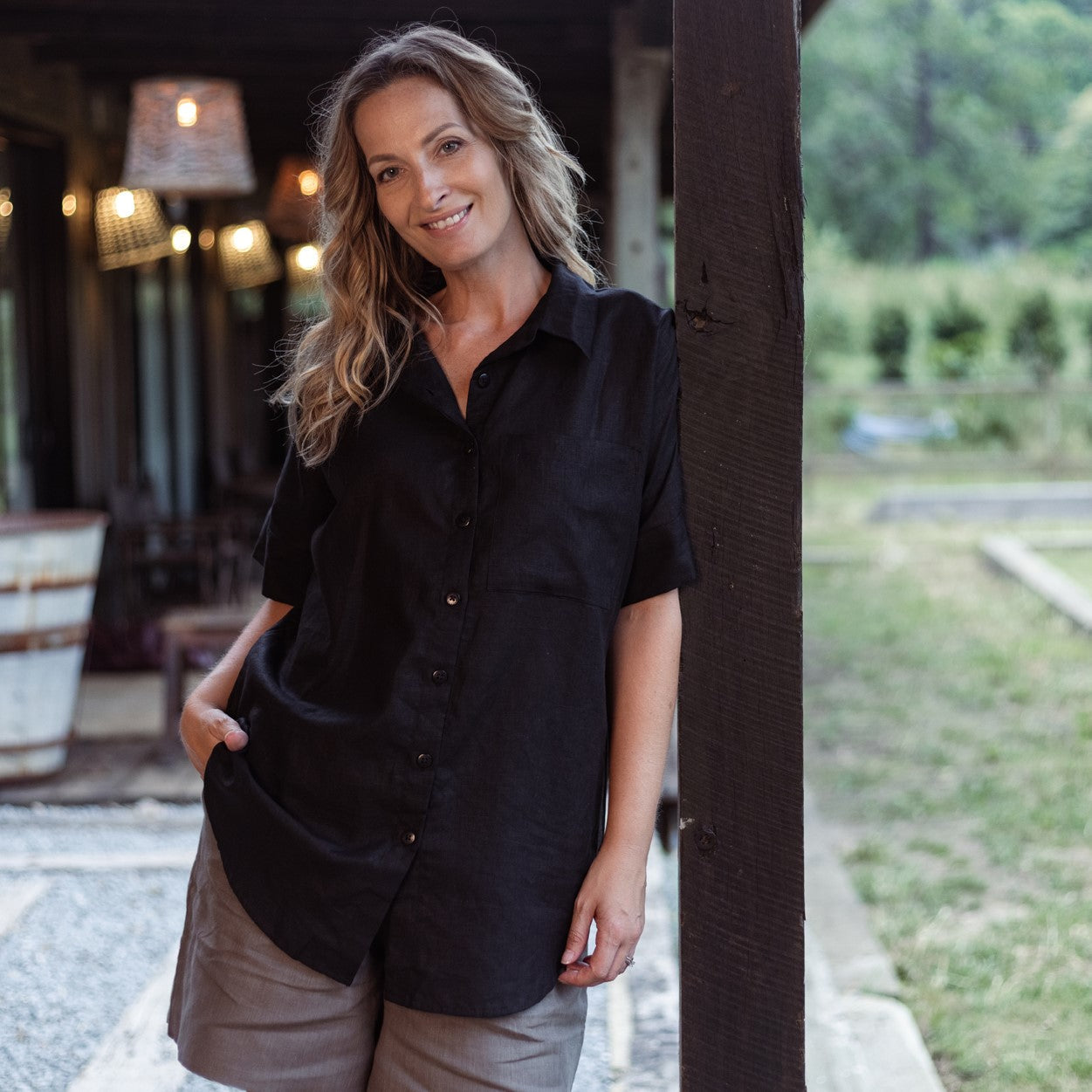 Black Organic Linen Short Sleeve Shirt - Outback Linen Co